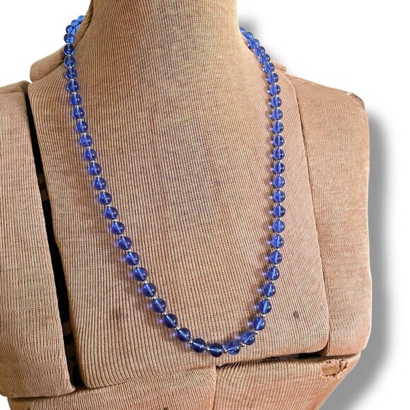 Vintage Monet Jelly Lucite Beaded Necklace Blue Silver Single Strand 27" Signed - Picture 9 of 10